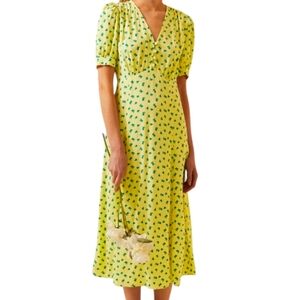 NWOT M&S Printed V-Neck Puff Sleeve Midi Tea Dress Yellow Blue